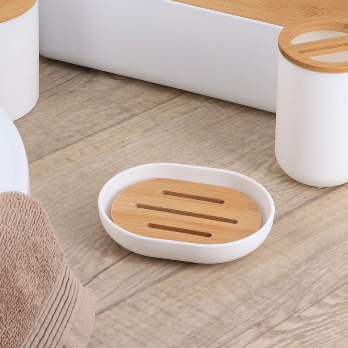 Accesorios De Lavabo>Jabonera De Bambú Blanco Y Natural