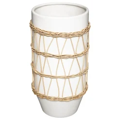 atmosphera Jarrones Y Vasos>Jarrón Blanco De Cerámica Decoración Ratán