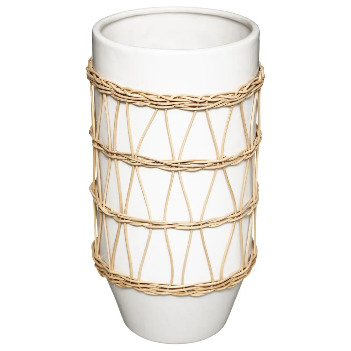 atmosphera Jarrones Y Vasos>Jarrón Blanco De Cerámica Decoración Ratán