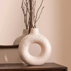 atmosphera Jarrones Y Vasos|Estilo Étnico>Jarrón De Cerámica Blanca Con Lunares Negros 30cm