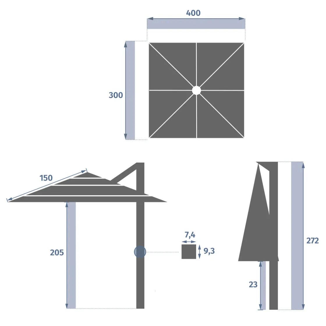 hespéride Parasol Y Bases>Parasol MELHIA gris graphite e antracite 4x3m