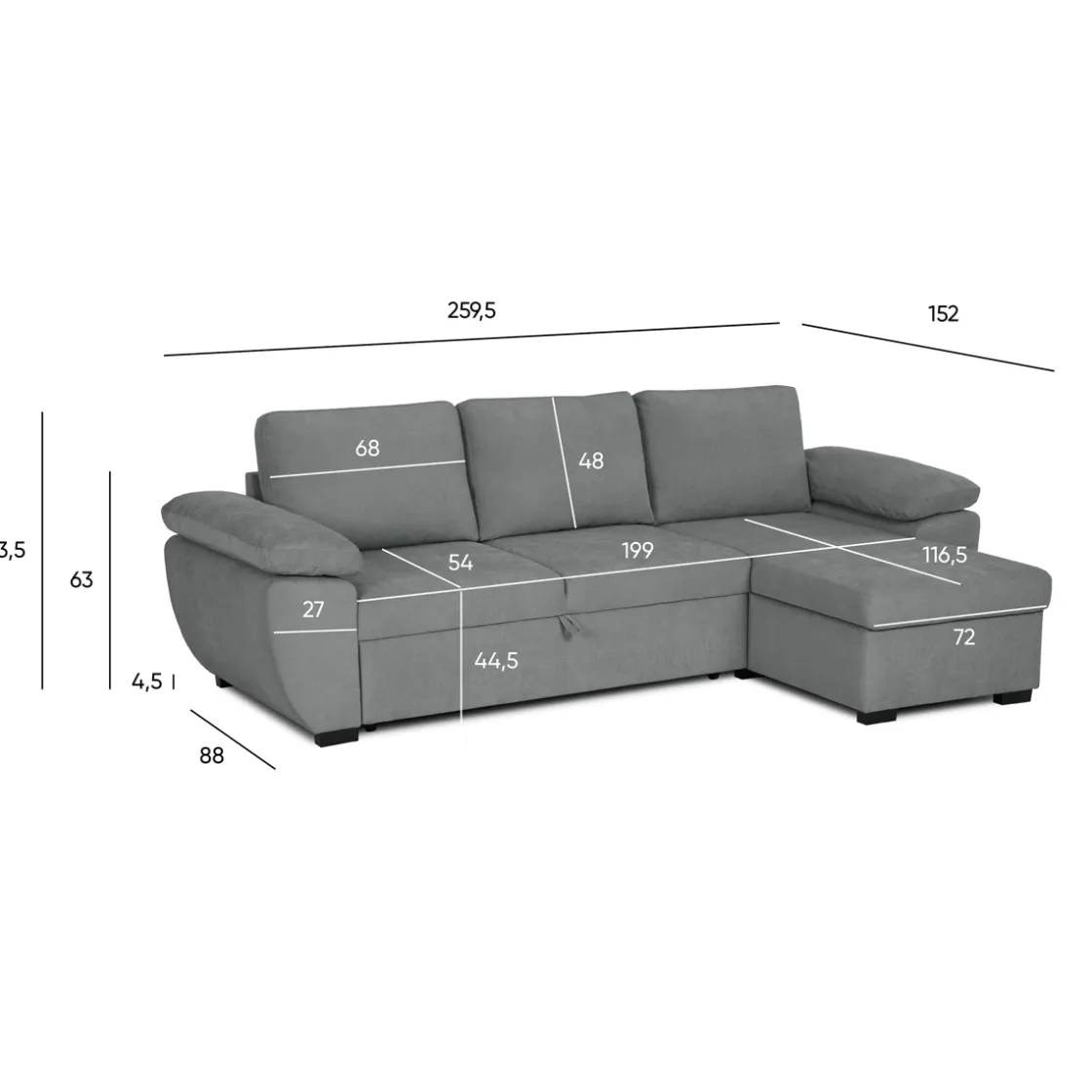 Sofás Y Sillones>Sofá cama DRESDEN con arcón y chaise longue gris