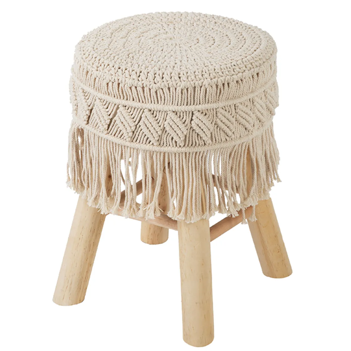 atmosphera Puff Y Banquitos|Estilo Étnico>Taburete De Macramé Patas Madera 32x42Cm