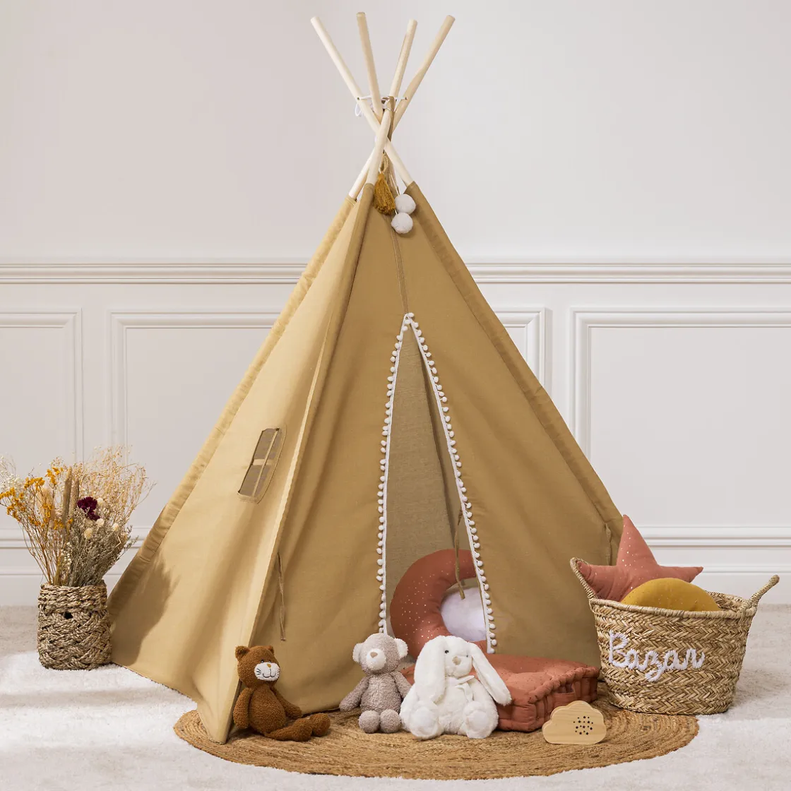 Mobiliario>Tienda Tipi Ocre Pompones 120x120x160Cm